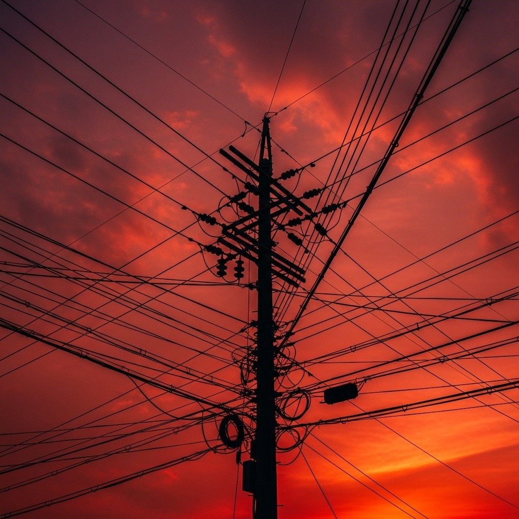 해 질 녘 하늘을 배경으로 서 있는 전봇대와 복잡한 전선들