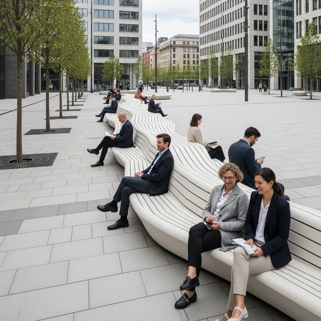 현대 도시 광장의 물결 모양 디자인 벤치