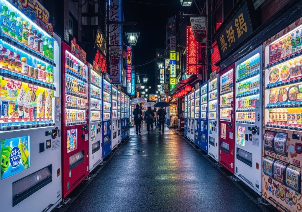 화려한 불빛의 다양한 일본 자판기들이 늘어선 밤거리