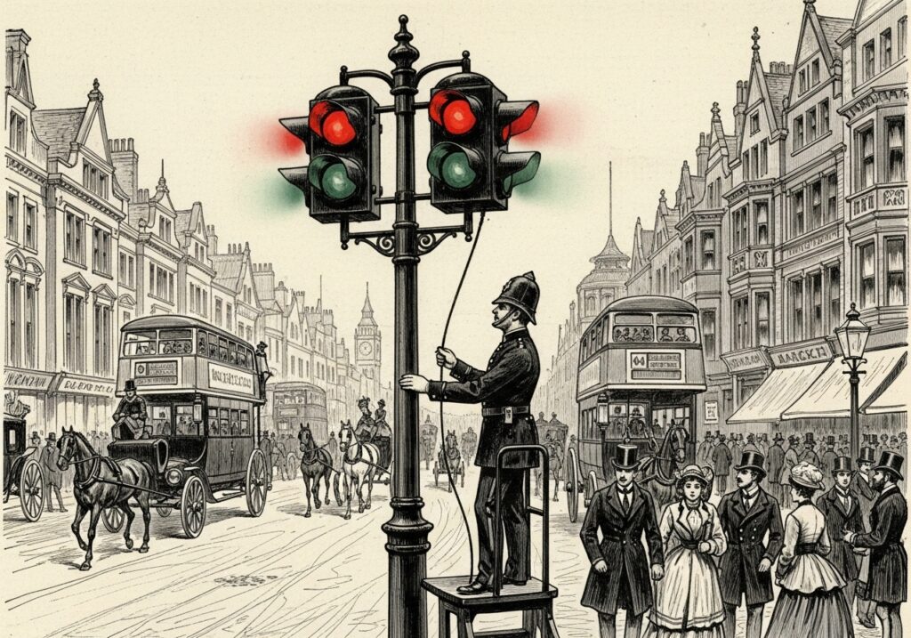 19세기 런던의 첫 가스 신호등 일러스트