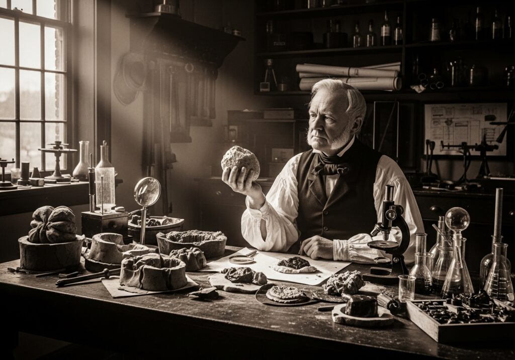 19세기 발명가 토머스 애덤스가 치클을 들고 고뇌하는 모습