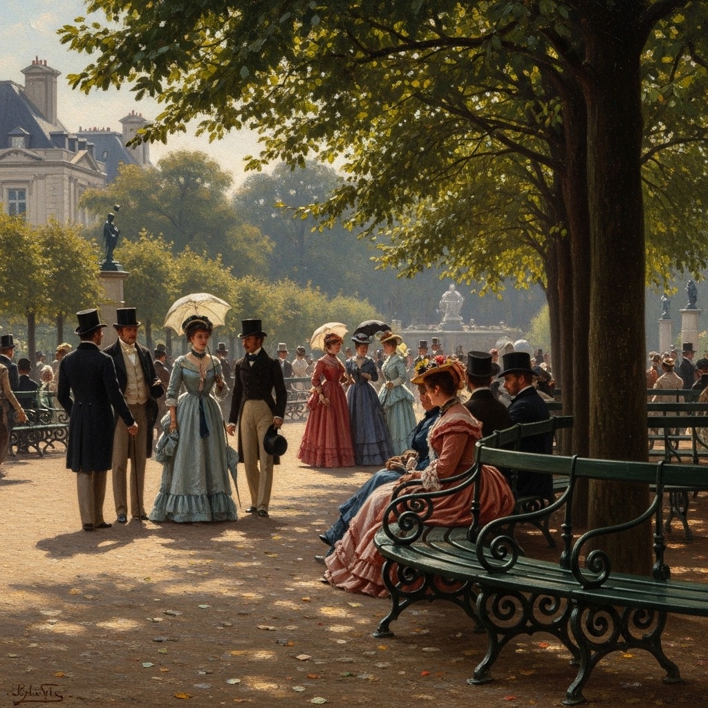 19세기 유럽 공원에서 벤치를 중심으로 휴식을 취하는 사람들