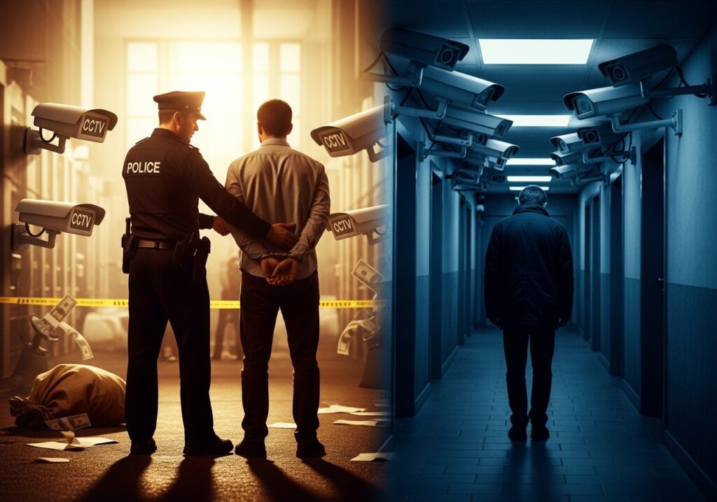 CCTV의 순기능과 역기능을 대비시켜 보여주는 이미지