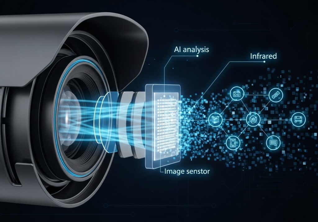 CCTV 카메라 렌즈와 AI 기술을 표현한 인포그래픽