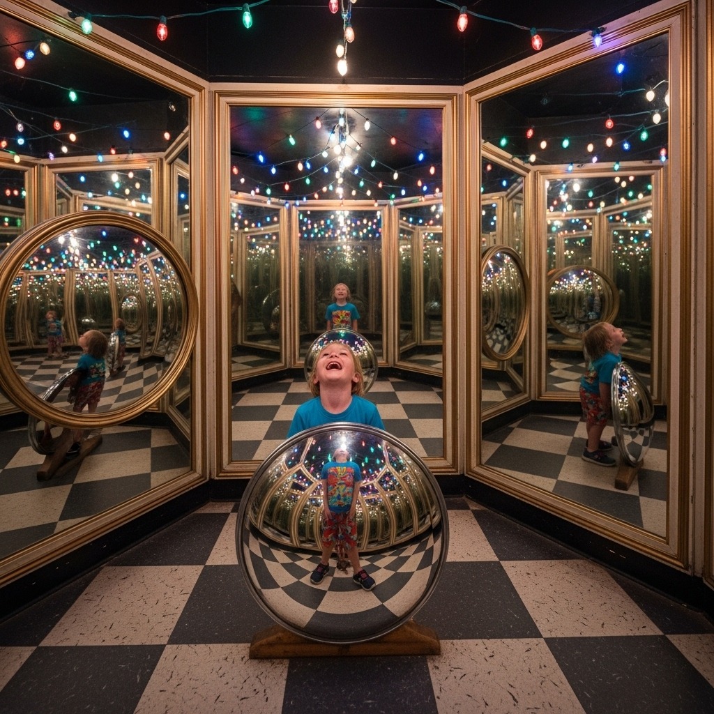 거울 미로에서 볼록 거울을 보고 웃는 아이