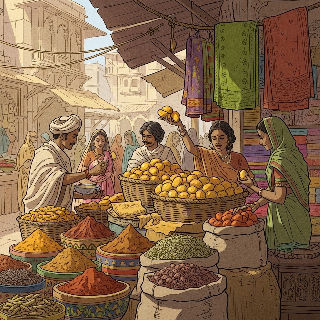 고대 인도 시장에서 망고를 거래하는 모습