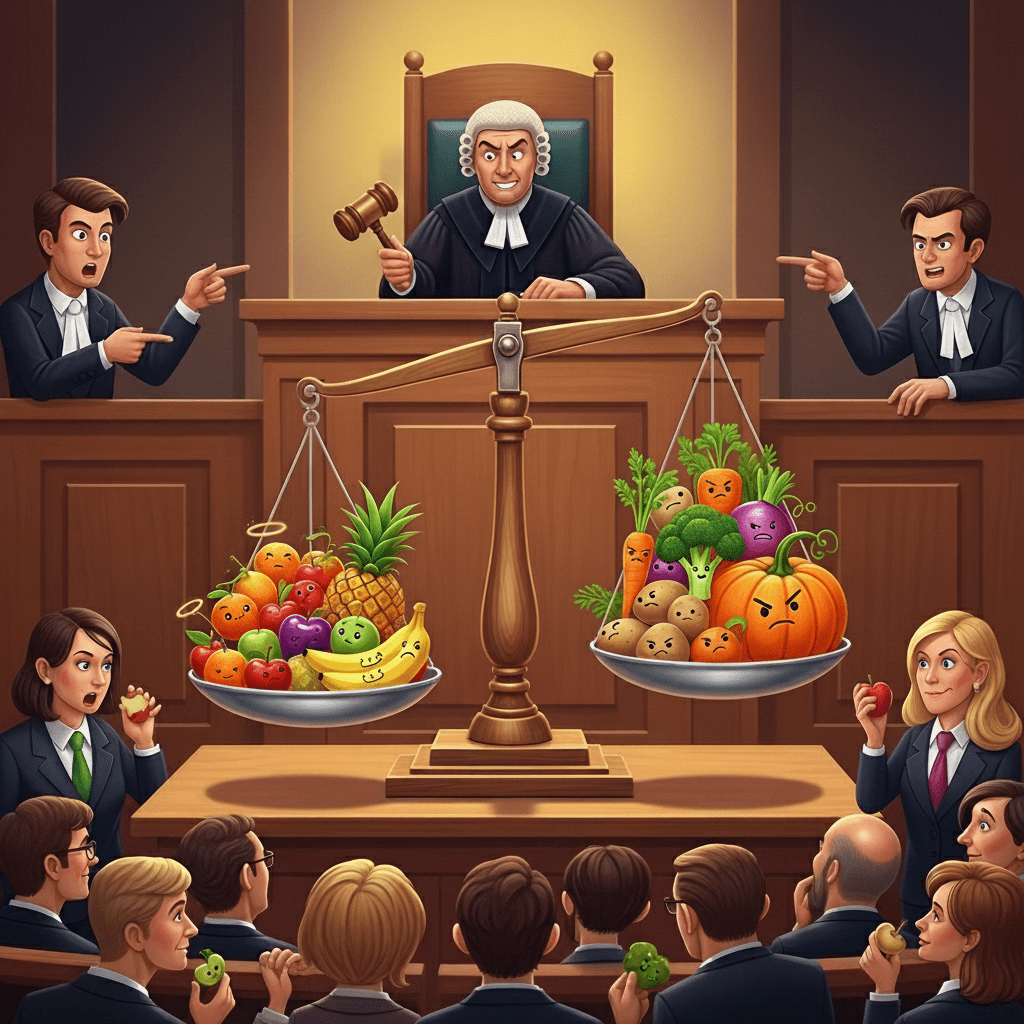 과일과 채소 사이에서 균형을 맞춘 저울 위 토마토