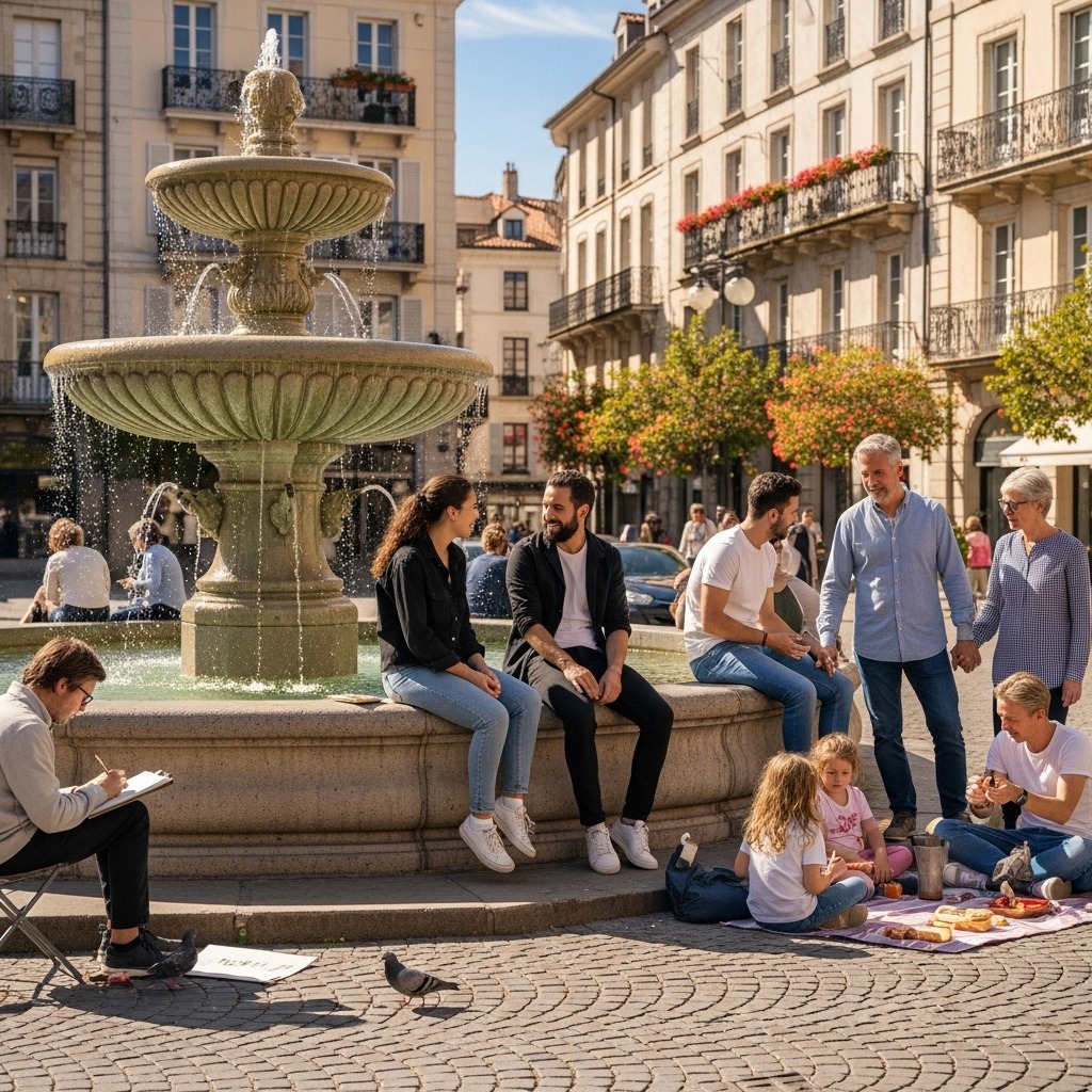 광장 분수대 주변에 모여 휴식을 취하는 사람들