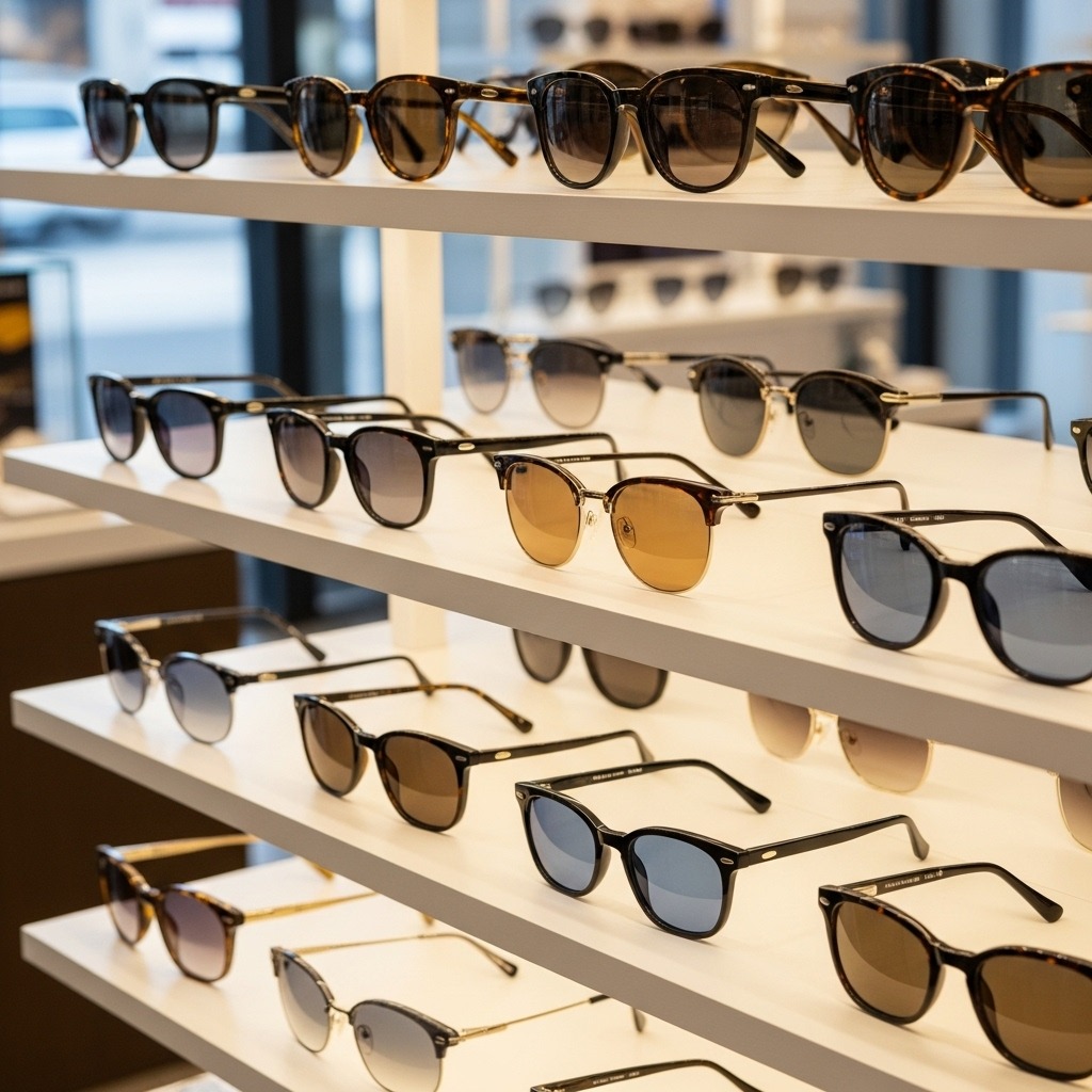 다양한 디자인의 안경테들이 진열된 안경점 선반