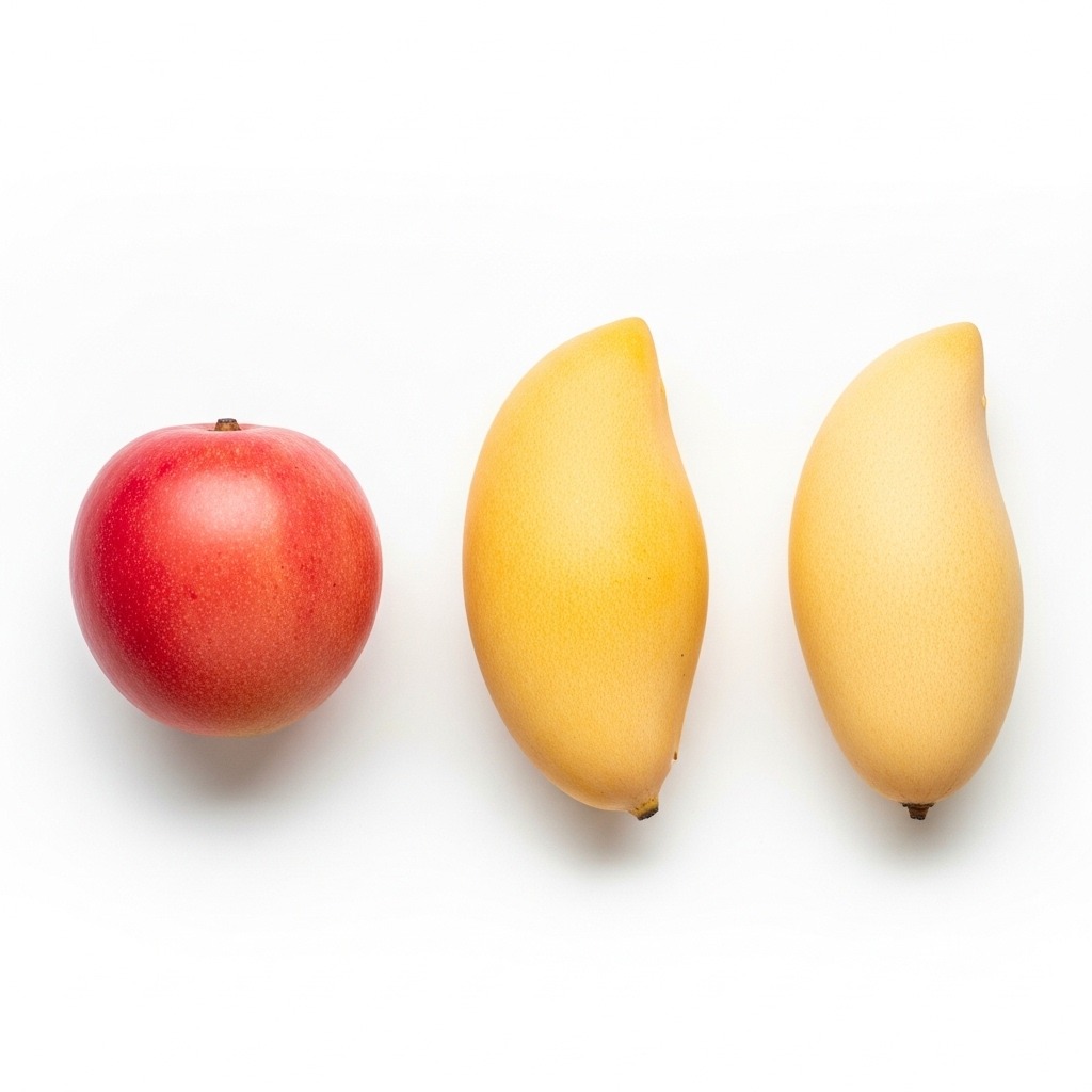 다양한 종류의 망고가 흰 배경에 놓인 모습