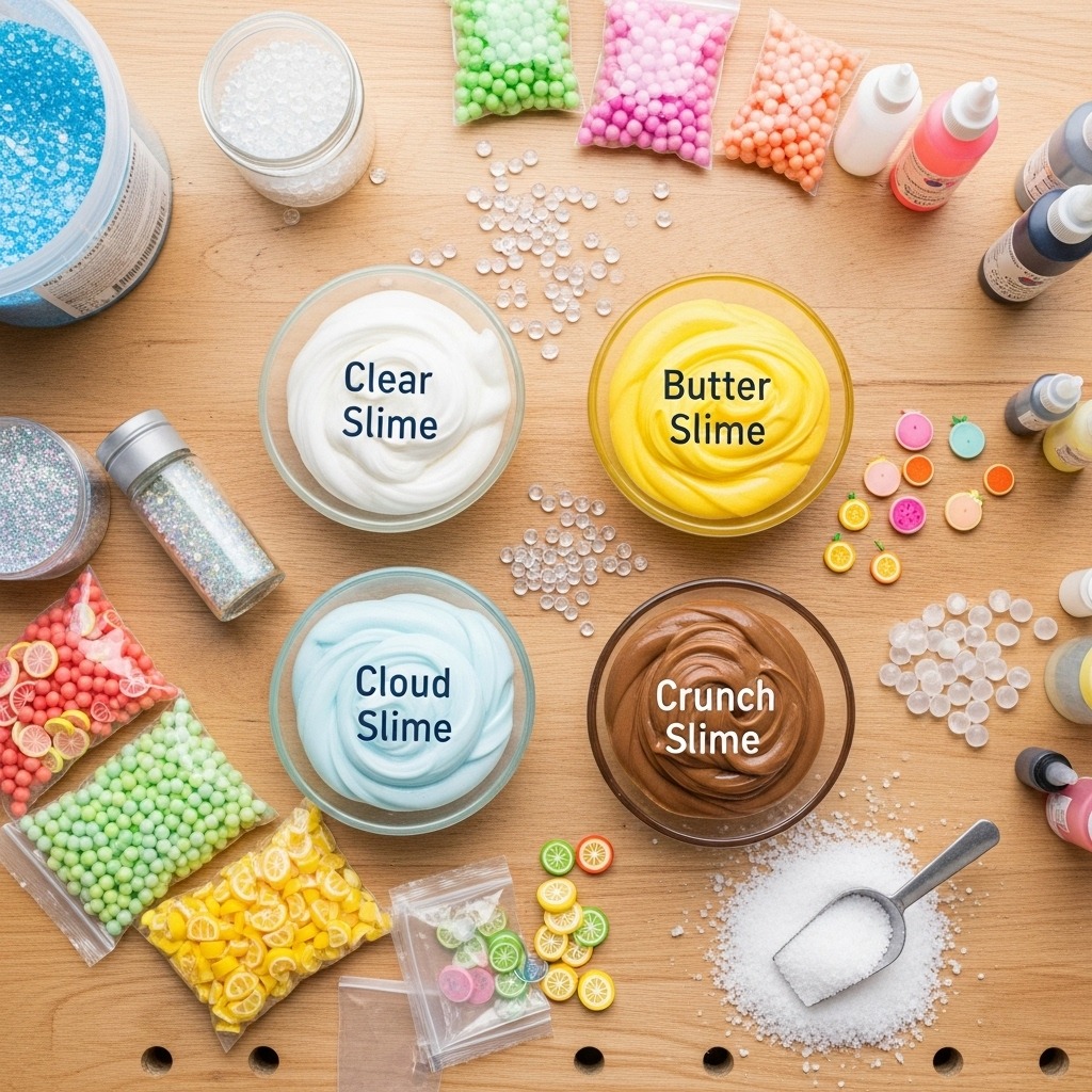 다양한 종류의 슬라임과 꾸미기 재료들