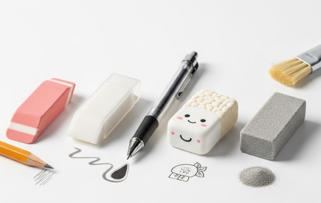 다양한 종류의 지우개들이 용도별로 정렬된 사진