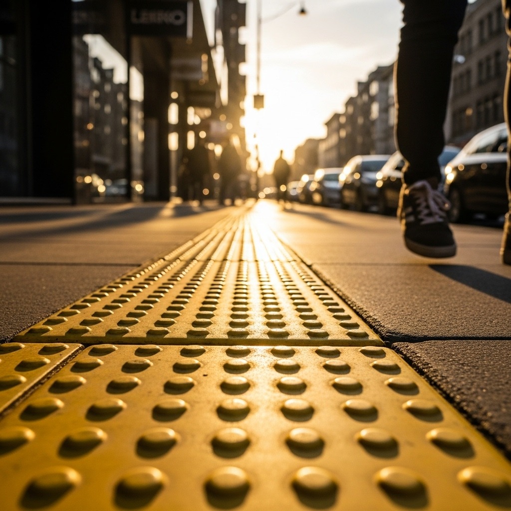 도시 보도블록에 설치된 노란색 점자블록 위를 사람들이 지나가고 있다.