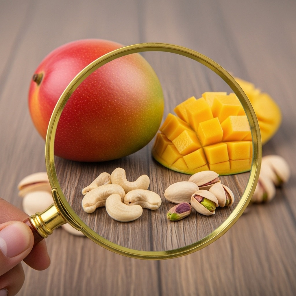 돋보기로 망고, 캐슈넛, 피스타치오를 보는 모습