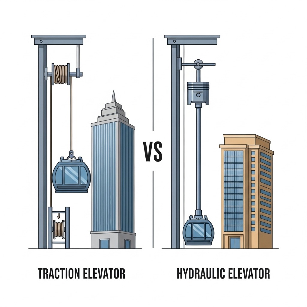 로프식 엘리베이터와 유압식 엘리베이터의 작동 방식을 비교하는 인포그래픽