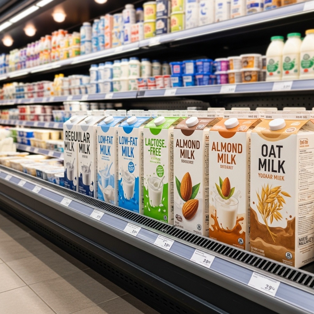 마트에 진열된 다양한 종류의 우유 제품들