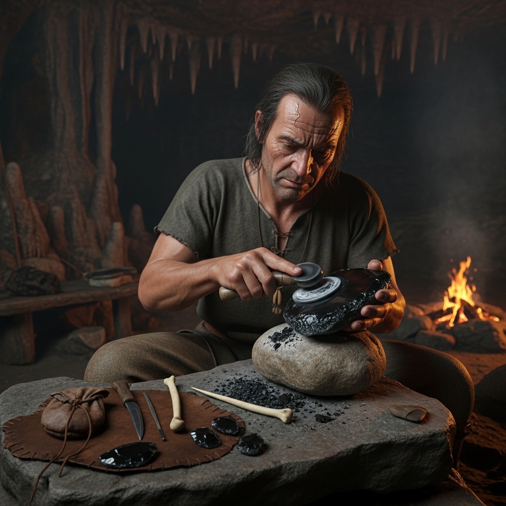 모닥불 아래에서 흑요석 거울을 만드는 고대 장인