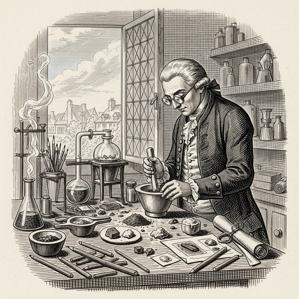 발명가 콩테가 연필심을 연구하는 일러스트