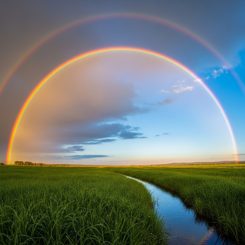 비가 그친 후 푸른 초원 위 하늘에 뜬 선명한 무지개