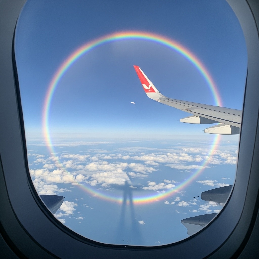 비행기 창문 너머로 보이는 완벽한 원형 무지개