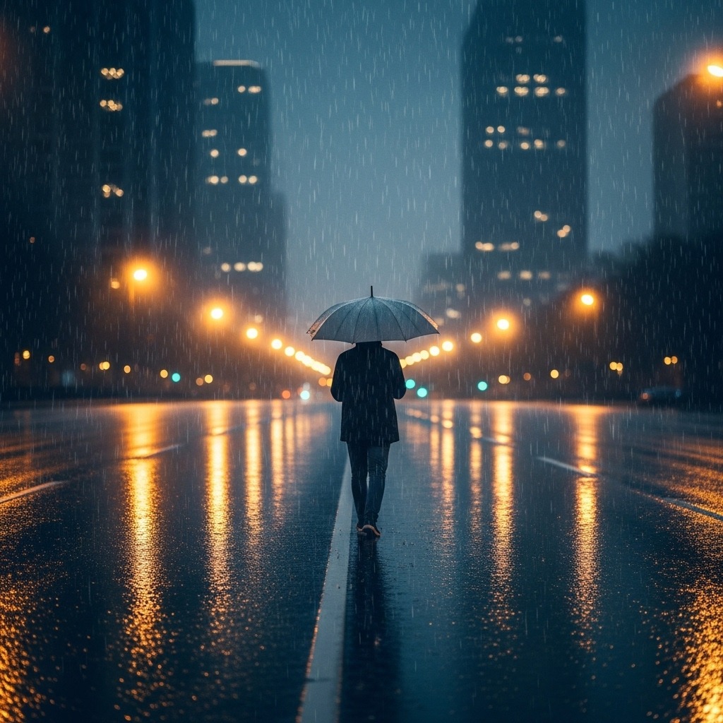 비 오는 밤 가로등 아래 우산을 쓰고 걷는 사람