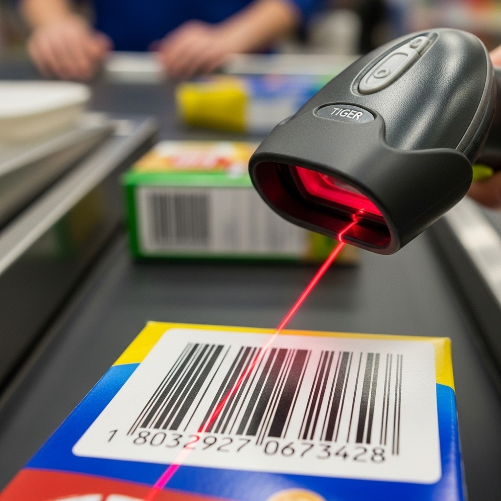 상품 바코드를 스캔하는 붉은 레이저 빛