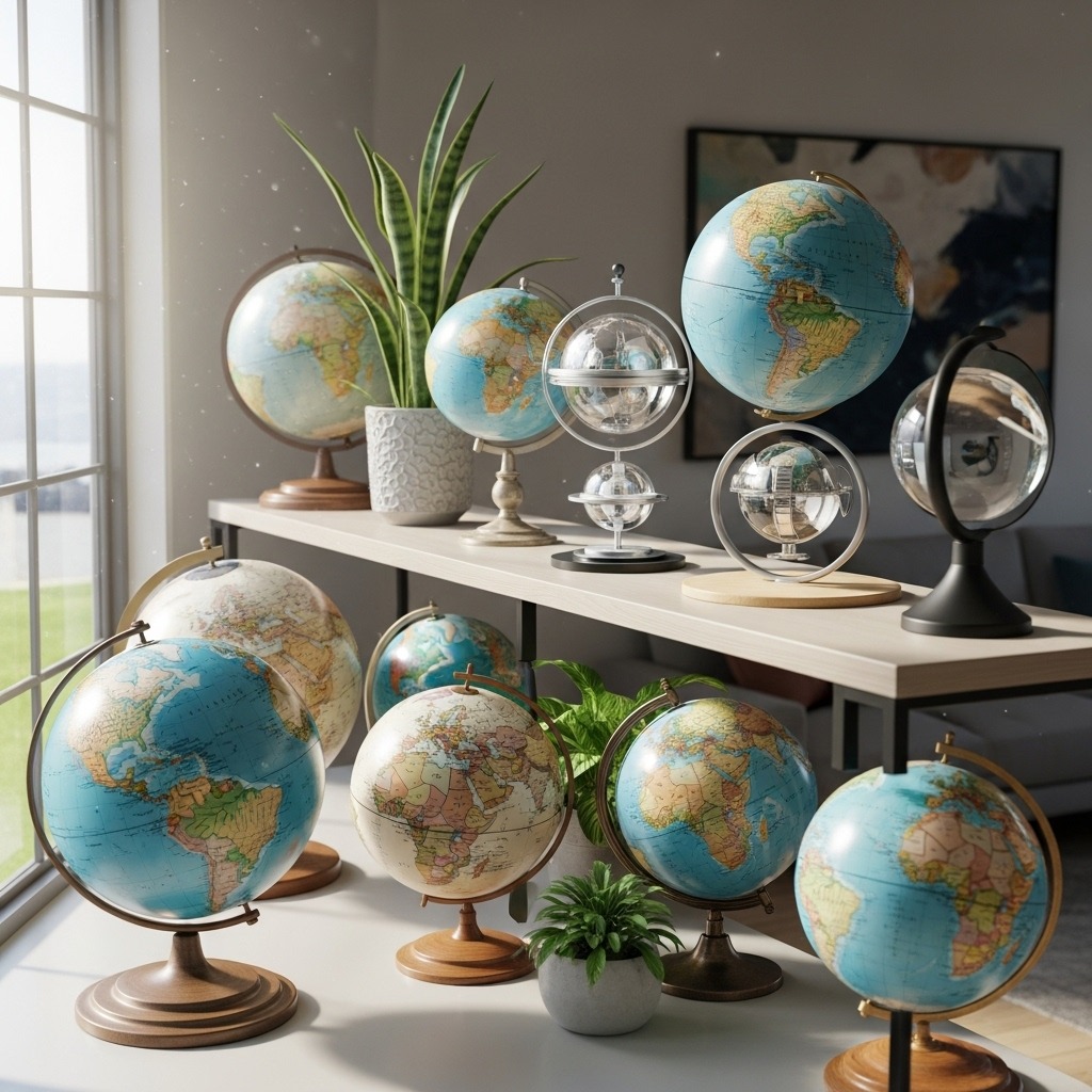 선반 위에 놓인 다양한 디자인의 지구본들