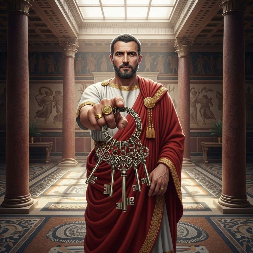 손가락에 낀 로마 시대의 열쇠 반지를 보여주는 귀족