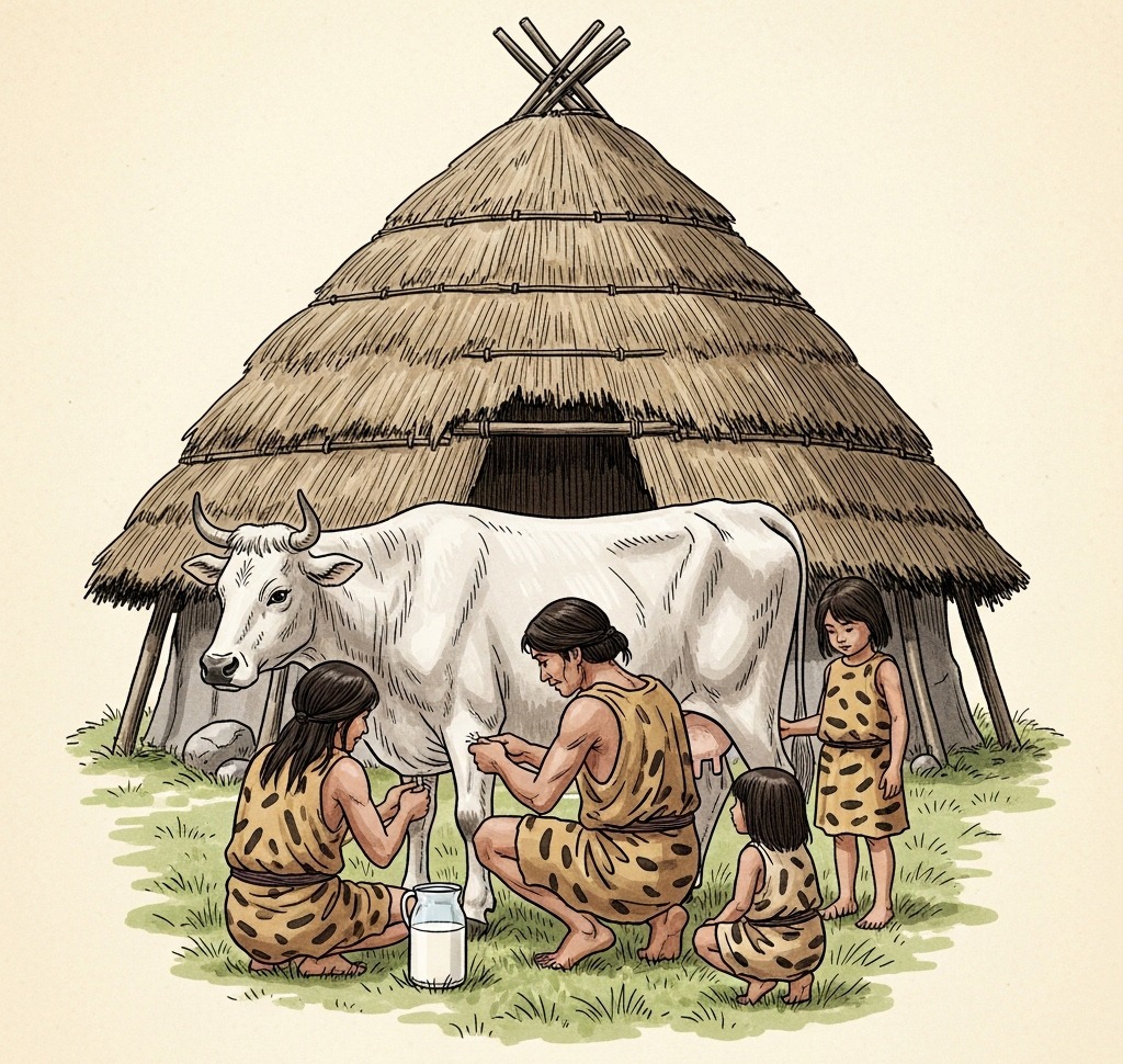 신석기 시대 가족이 소의 젖을 짜는 모습 그림