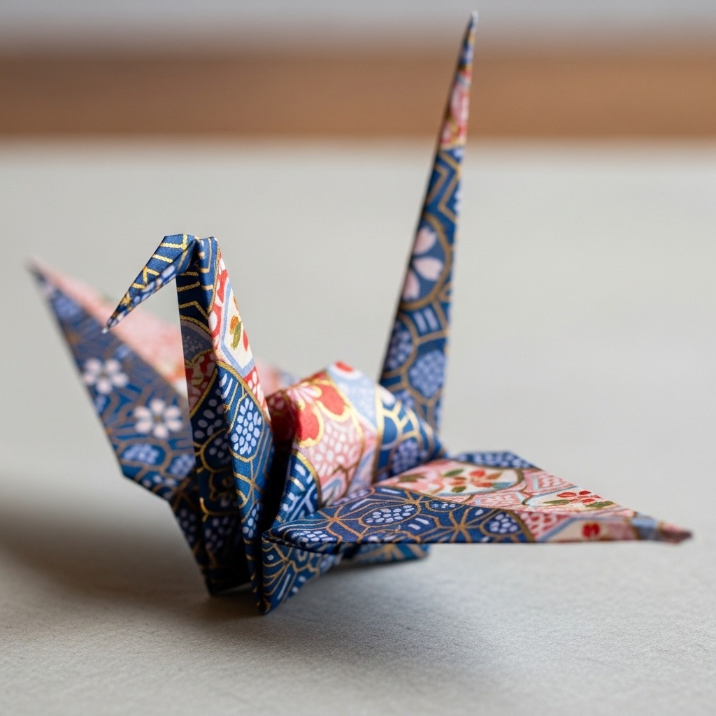 아름다운 패턴의 종이로 정교하게 접은 종이학 한 마리
