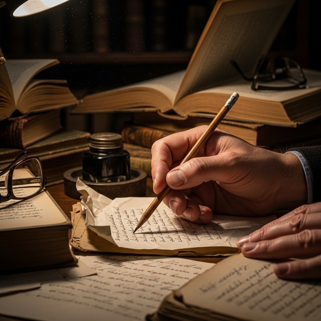 아이디어를 구상하며 연필을 쥔 손