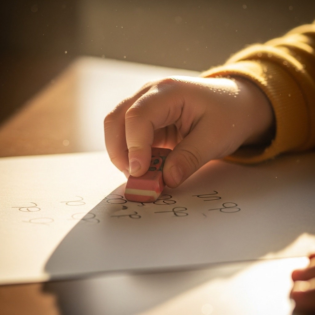 아이의 손이 지우개로 글씨를 지우는 모습