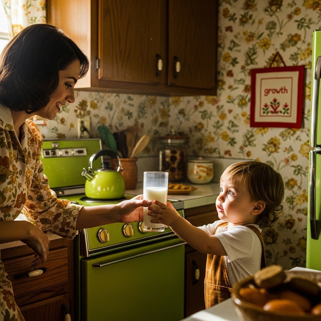 엄마가 아이에게 우유를 건네는 레트로 사진