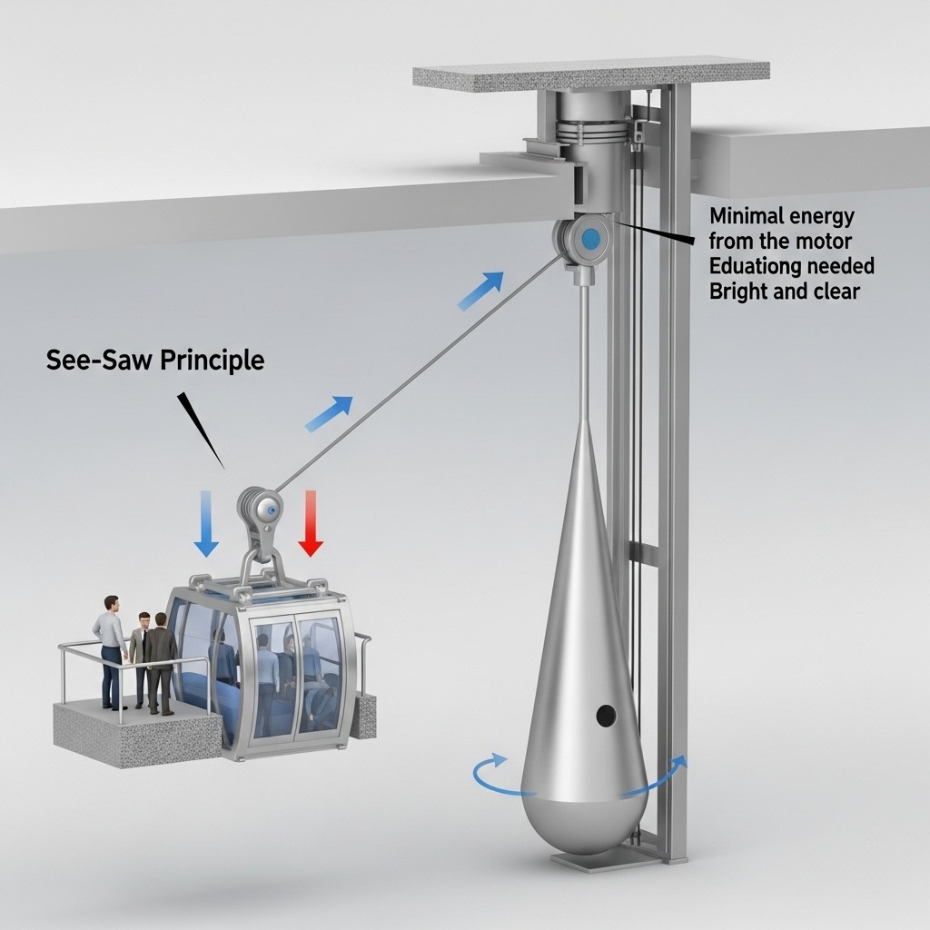 엘리베이터와 균형추가 시소처럼 균형을 이루는 3D 단면도