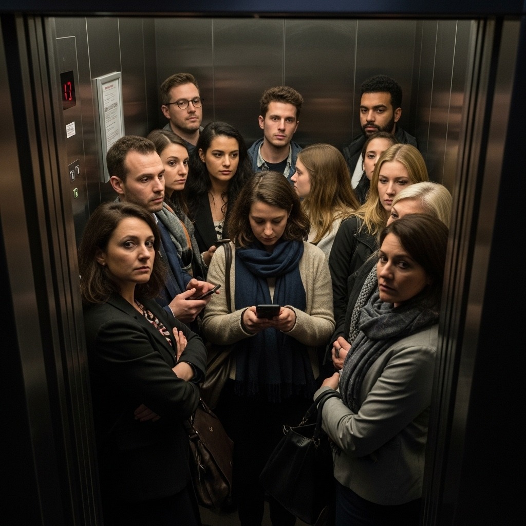 엘리베이터 안에서 서로 시선을 피한 채 서 있는 다양한 사람들.