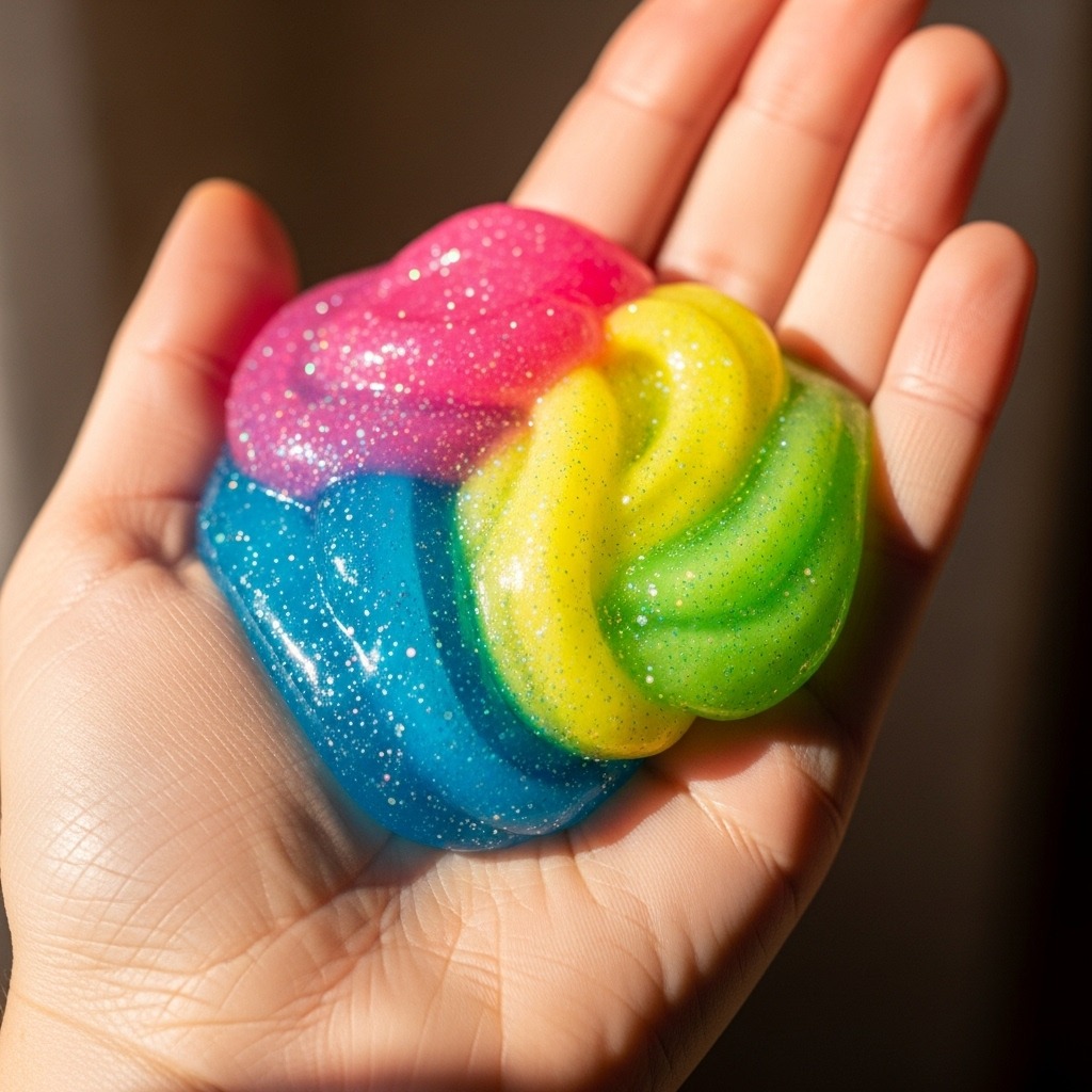 여러가지 색의 슬라임을 쥐고 있는 사람의 손