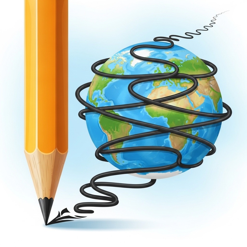 연필 한 자루가 긴 선을 그리는 일러스트