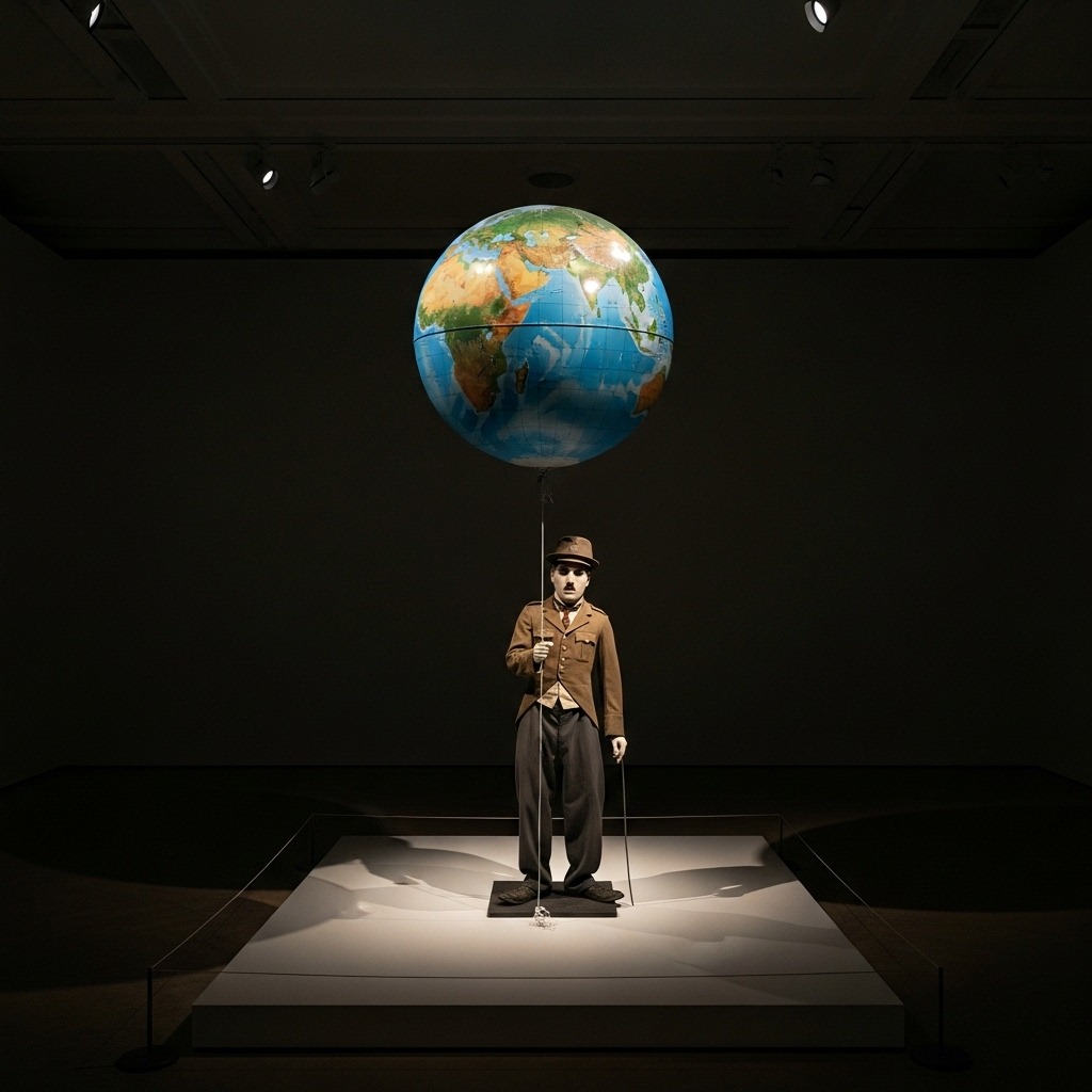 영화 '위대한 독재자'를 상징하는 지구본 설치 미술