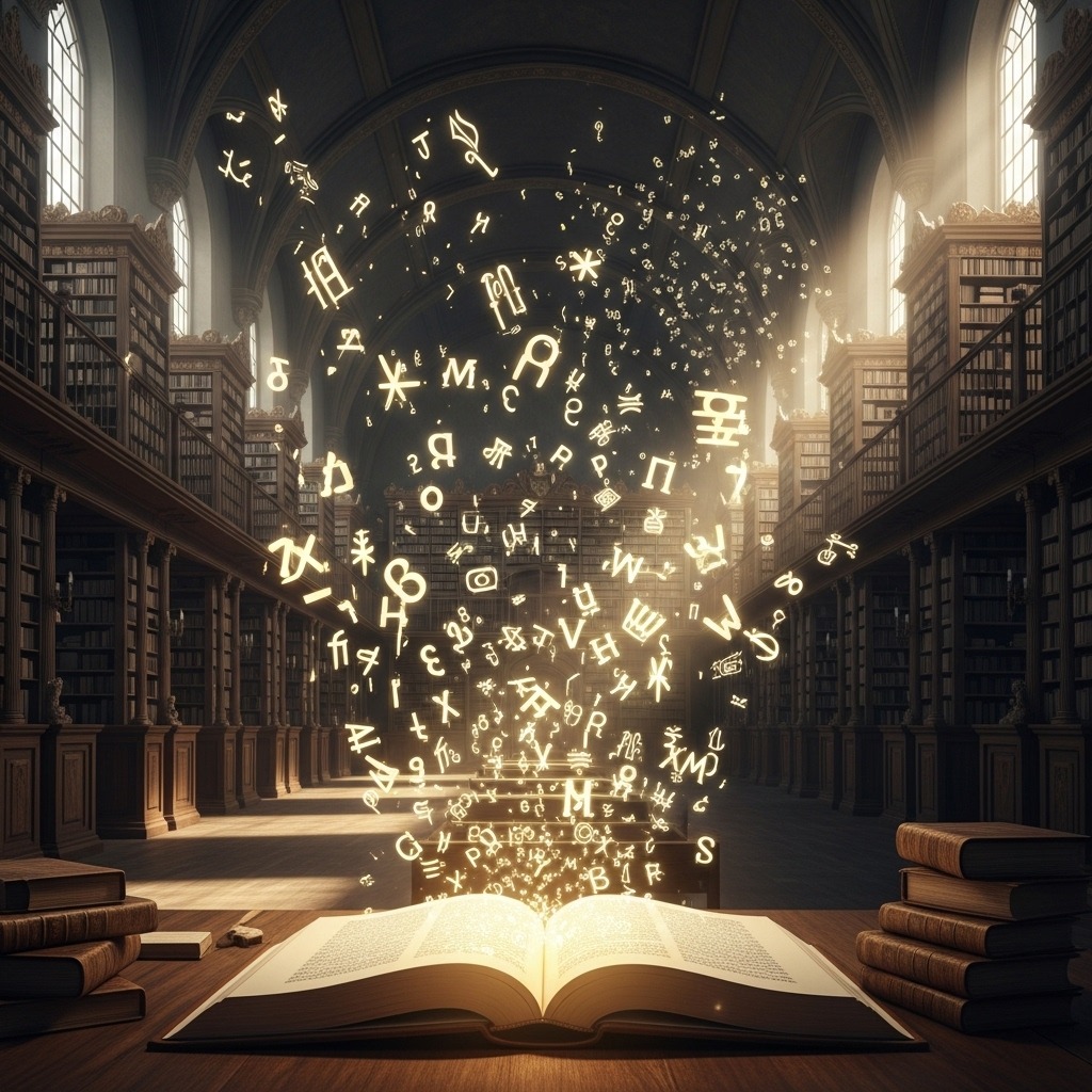오래된 도서관의 책에서 빛나는 글자들이 퍼져나가는 상징적인 장면