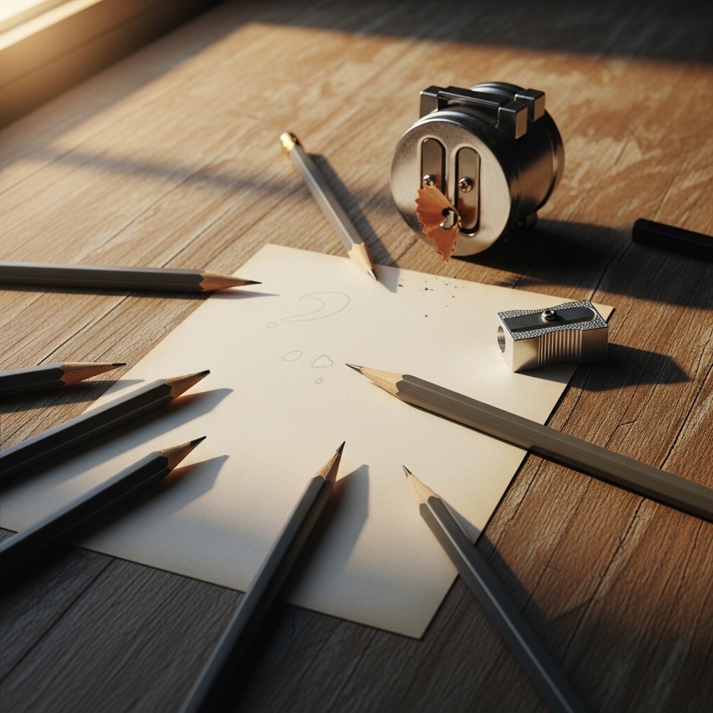 오래된 책상 위에 놓인 다양한 연필들