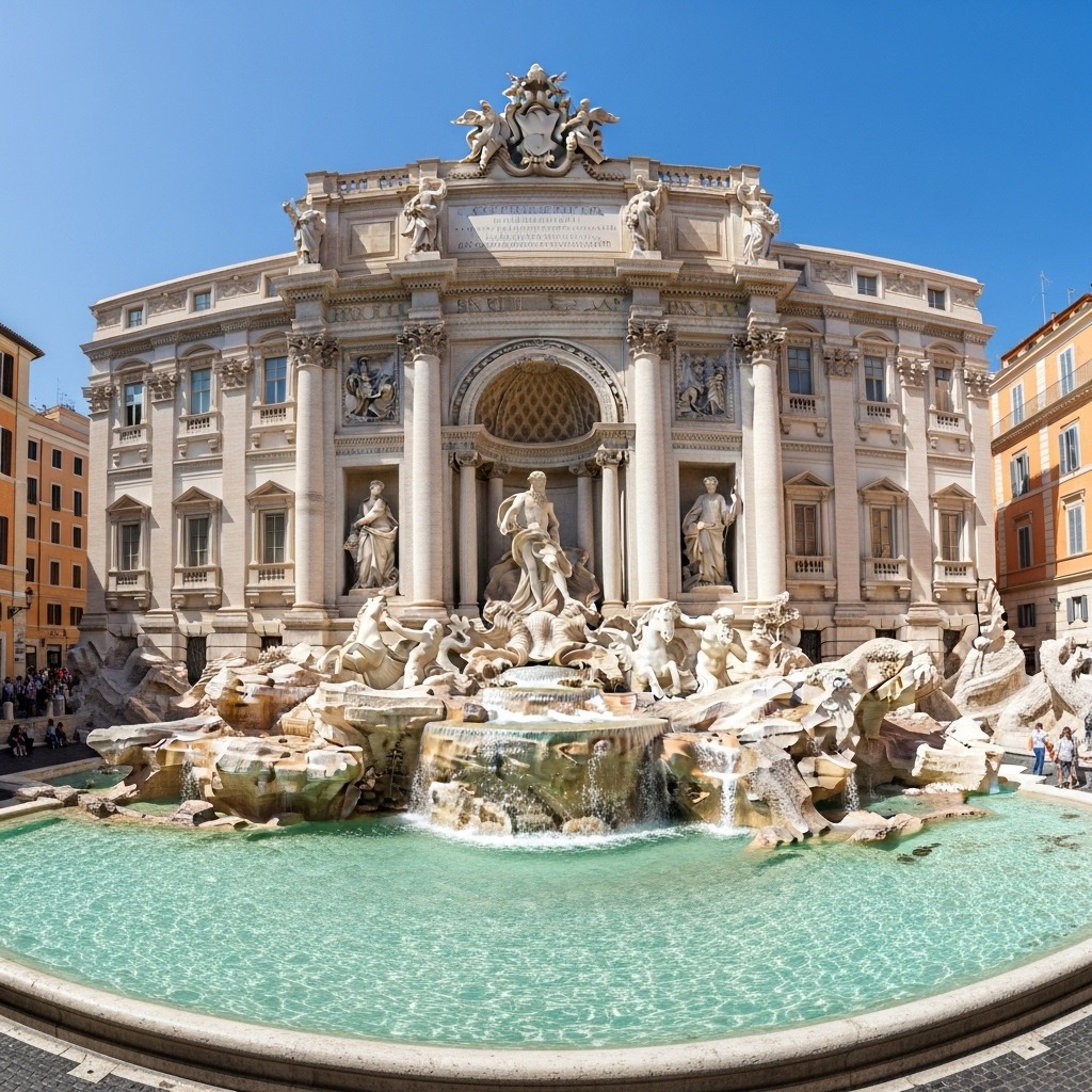 이탈리아 로마의 웅장한 트레비 분수 전경