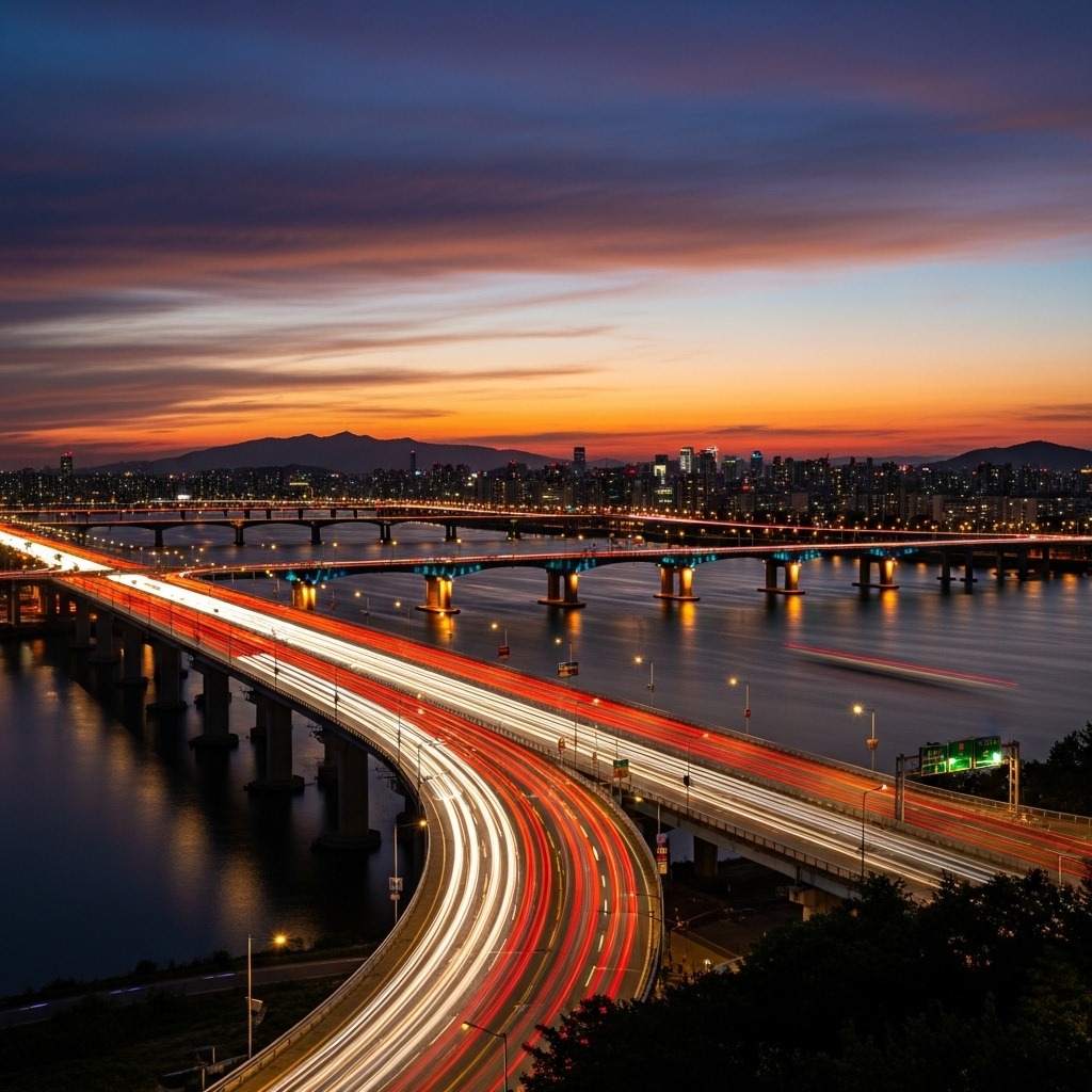 자동차 궤적이 빛나는 서울 한강 다리의 야경