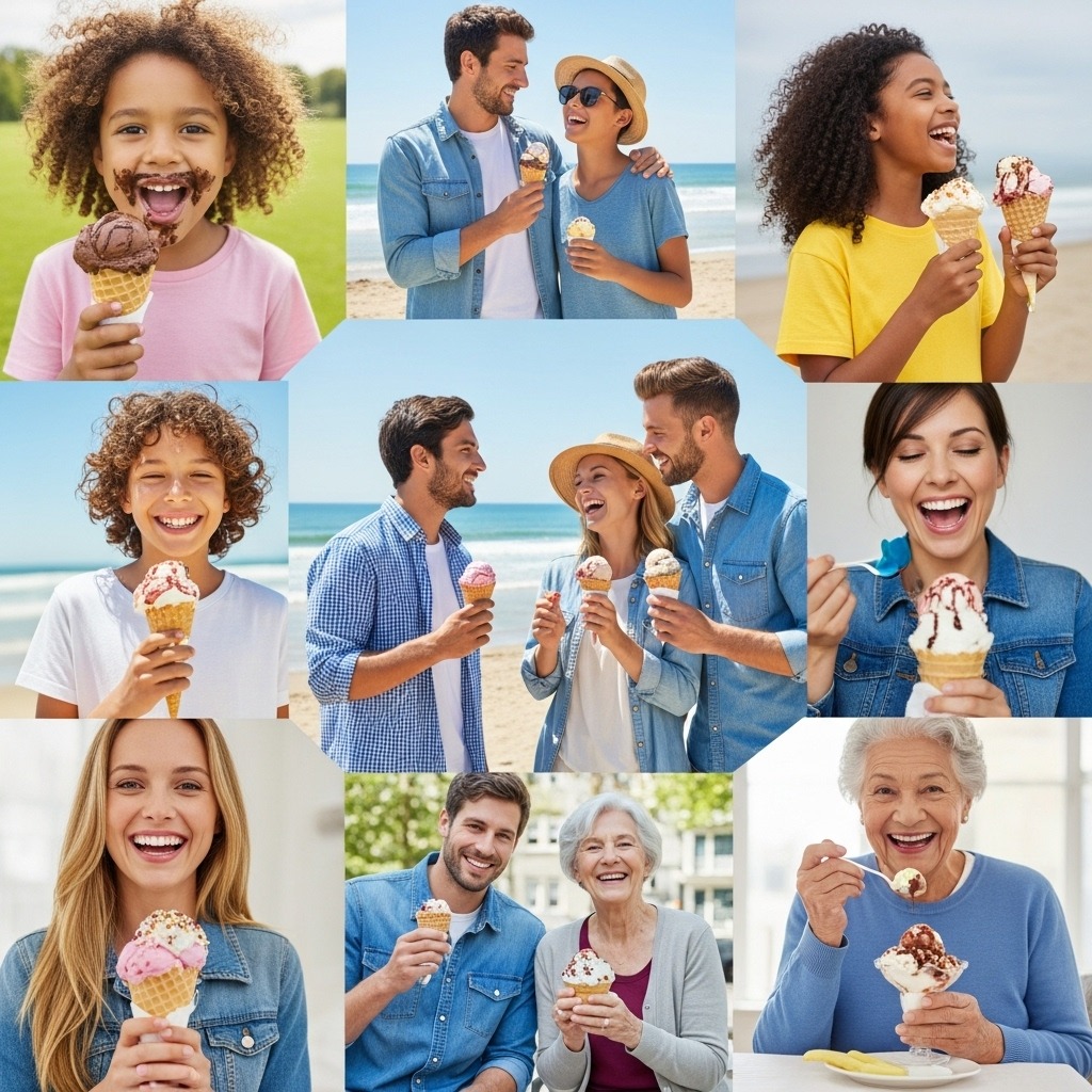 전 세계 사람들이 아이스크림을 먹으며 행복해하는 모습
