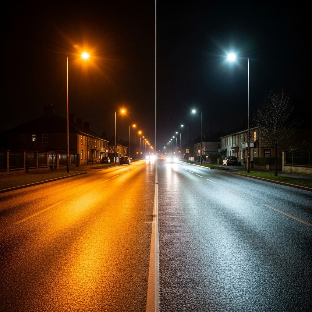 주황색 나트륨등과 흰색 LED 가로등 비교 사진