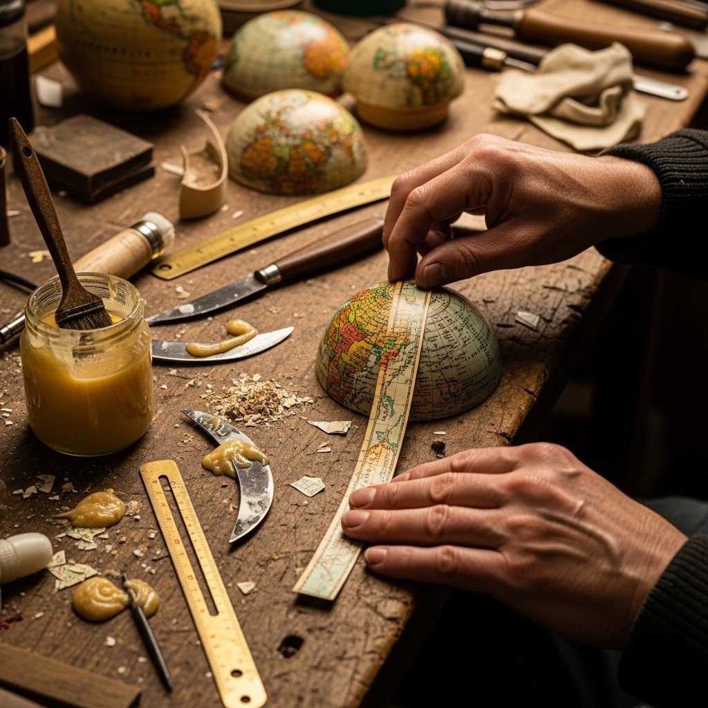 지구본 구체에 지도 조각을 붙이는 장인의 손