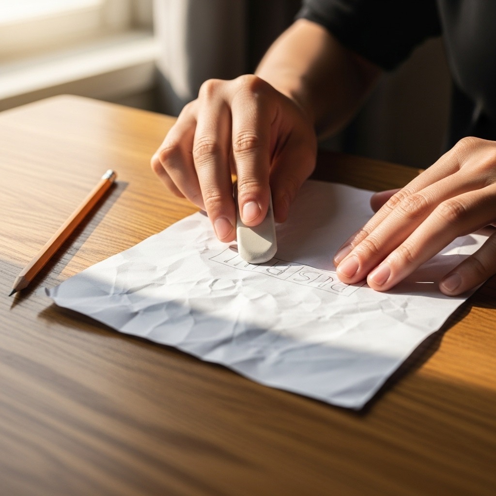 지우개로 흔적을 지우고 다시 시작하는 모습