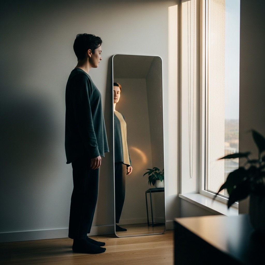 창가 옆 거울에 비친 자신의 모습을 바라보는 사람