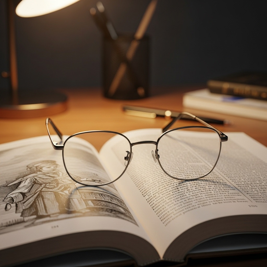 책 위에 놓인 안경 렌즈를 통해 선명해진 글씨