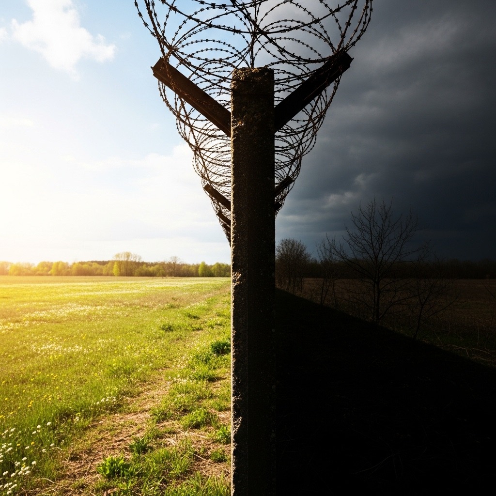 철조망이 쳐진 높고 어두운 담벼락의 상징적인 모습