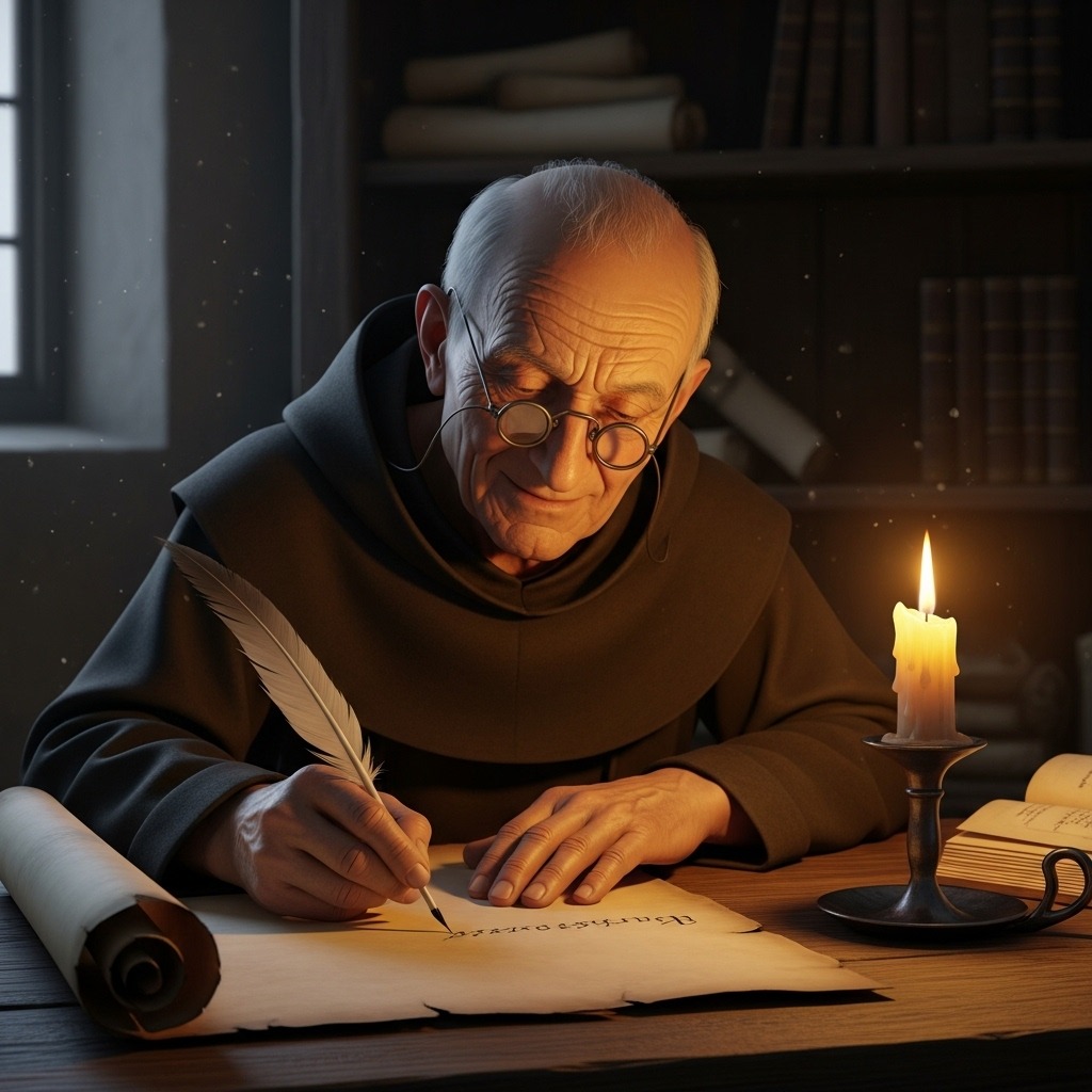 촛불 아래에서 원시 안경을 쓰고 글을 읽는 중세 수도사
